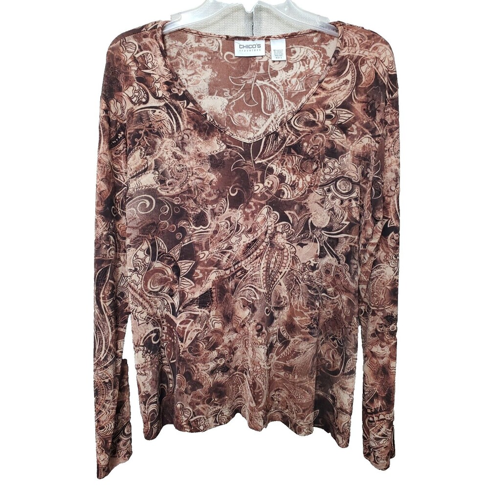 CHICO'S TRAVELERS Slinky Knit Brown Printed V-Neck Long Sleeve Blouse Size 2 LGE